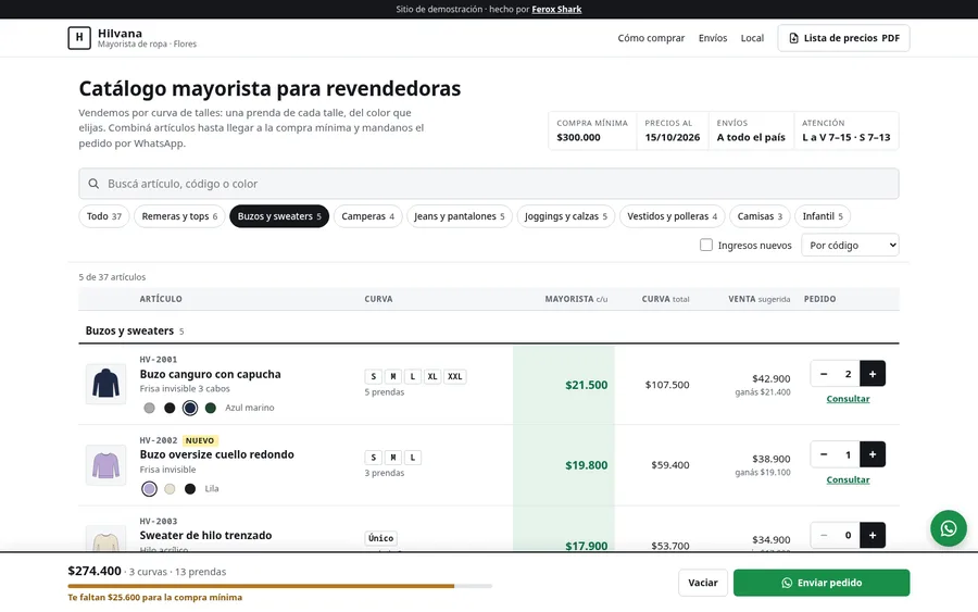 Captura en escritorio de Hilvana Mayorista, catálogo de ropa por curva, con buscador y lista de artículos
